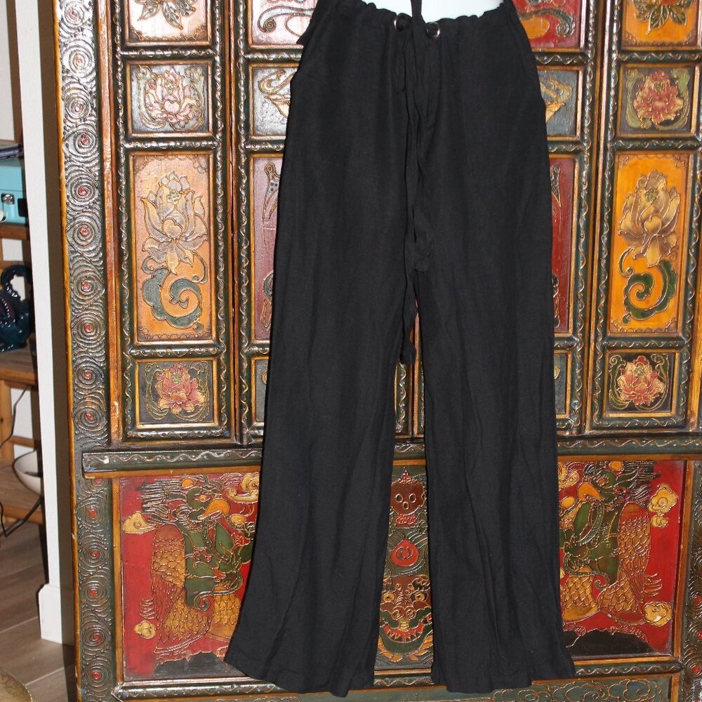 XXi Linen Black Drawstring Trousers with Mother of Pearl Buttons
